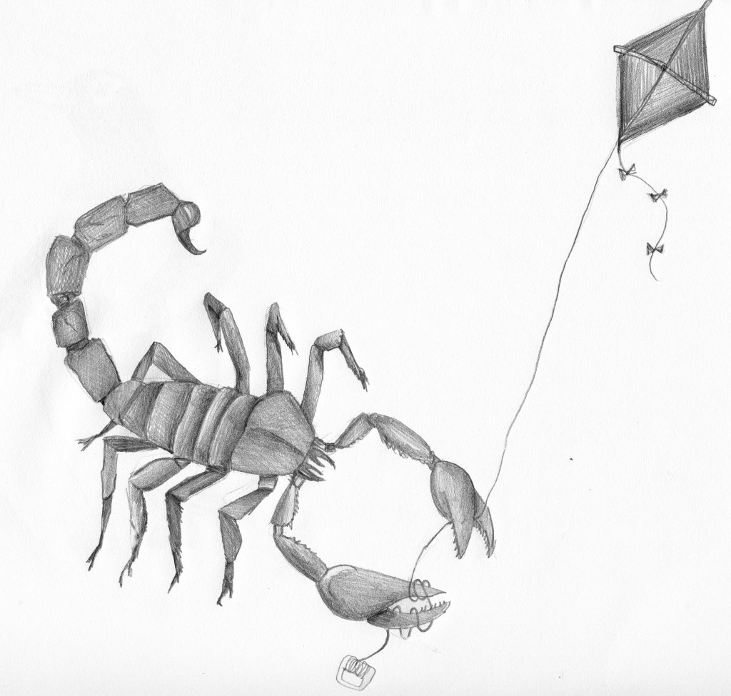 A scorpion struggling to fly a kite, with kite string wound around its claws