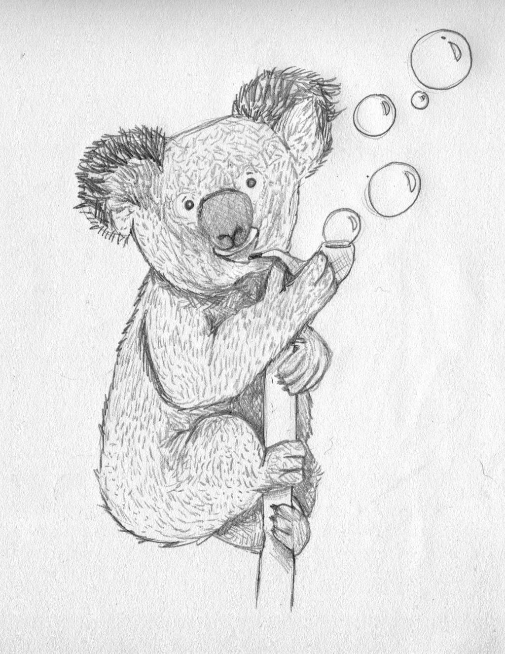 A koala, puffing on a bubble pipe, while hanging on a branch