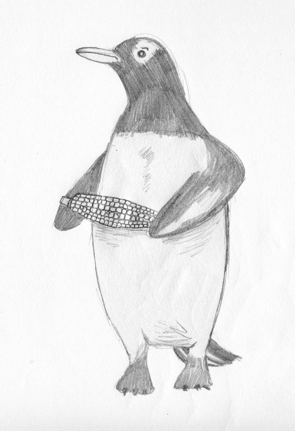 A penguin holding a cob of corn in its flippers